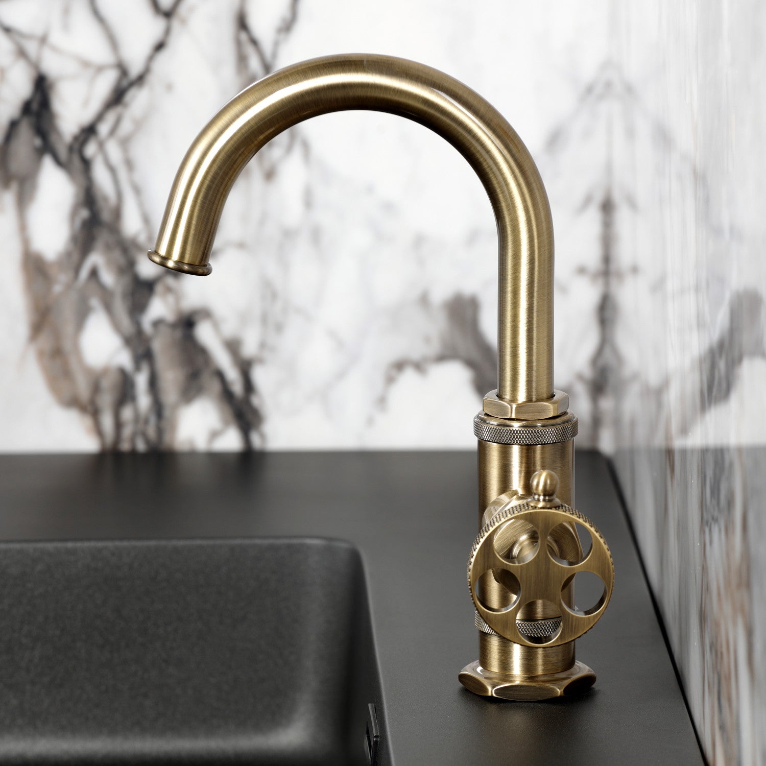 Kingston Sona KSD2213RKX - Webb One-Handle 1-Hole Bathroom Faucet with Knurled Handle, Deck Plate, and Push Pop-Up Drain, Antique Brass — thumbnail 3